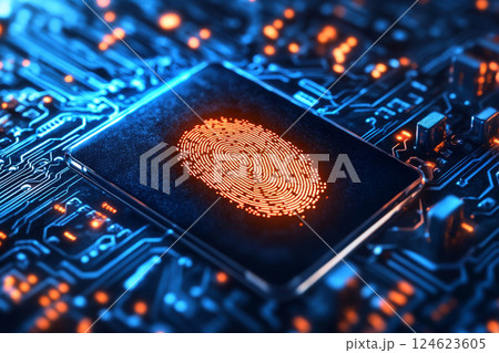 Digital fingerprint scanner on glowing circuit board 124623605