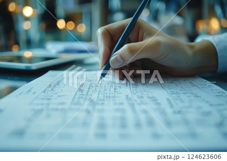Hand writing math formulas on paper in science environment 124623606