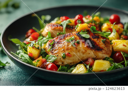 Grilled chicken with pineapple and herb topping Grilled chicken with pineapple and herb topping 124623613