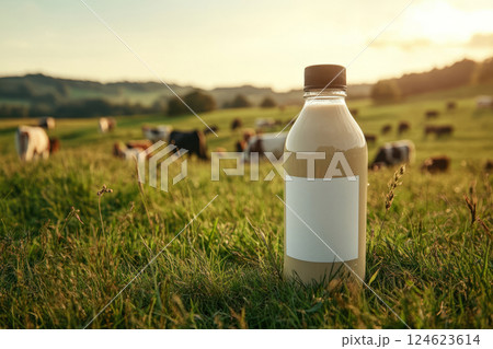 Glass bottle filled with milk stands on grassy field with grazing cows in background 124623614