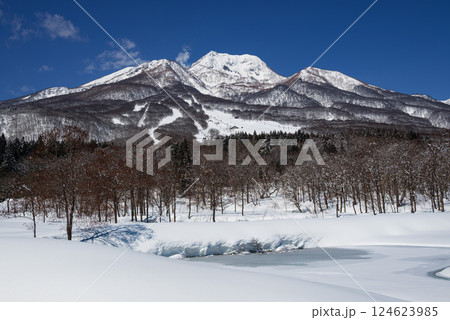 晴の冬 一面雪景色の妙高高原 凍結したいもり池と雪をいただく妙高山 124623985