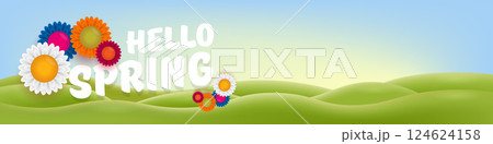 Hello Spring Green Hills Vector Lush Landscape with Cheerful Typography, Bright Seasonal Design for Springtime Greetings and Nature-Themed Projects Hello Spring Green Hills Vector Lush Landscape with Cheerful Typography, Bright Seasonal Design for Springtime Greetings and Nature-Themed Projects 124624158