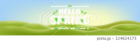 Hello Spring Green Hills Vector Lush Landscape with Cheerful Typography, Bright Seasonal Design for Springtime Greetings and Nature-Themed Projects 124624173