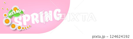 Hello spring pink and white horizontal banner with text and flowers. hello spring slogan or label isolated on pink background. Springtime banner, corner , sticker and header Hello spring pink and white horizontal banner with text and flowers. hello spring slogan or label isolated on pink background. Springtime banner, corner , sticker and header 124624192