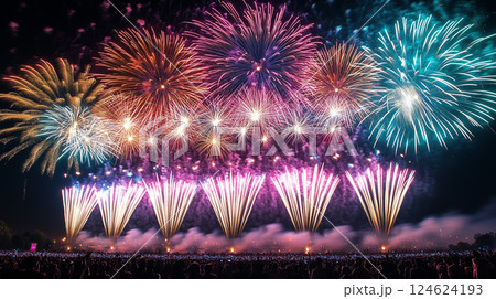 日本の夏祭りの花火大会。独立記念日の花火。新年を祝うカウントダウン花火 日本の夏祭りの花火大会。独立記念日の花火。新年を祝うカウントダウン花火 124624193