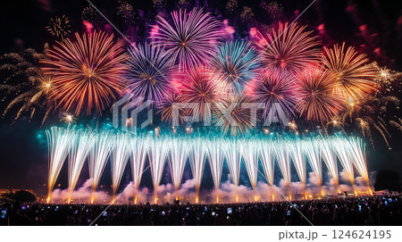 日本の夏祭りの花火大会と群衆のシルエット 124624195