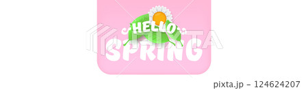 Hello spring pink and white horizontal banner with text and flowers. hello spring slogan or label isolated on pink background. Springtime banner, corner , sticker and header 124624207