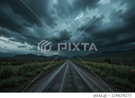 Dark storm clouds gather above a dirt road. 124624273