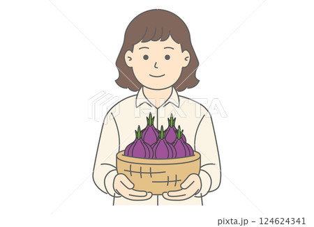 玉ねぎを持つ女性のイラスト 124624341