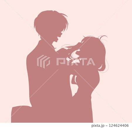 向かい合って寄り添い笑う男女 影絵 向かい合って寄り添い笑う男女 影絵 124624406
