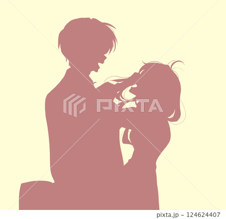 向かい合って寄り添い笑う男女　影絵 124624407