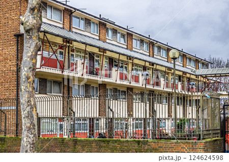 Traditional Council Flats with Balconies in London Suburban Residential Area Traditional Council Flats with Balconies in London Suburban Residential Area 124624598