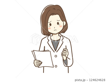 処方箋を手に悩んでいる女性薬剤師のイラスト 124624628