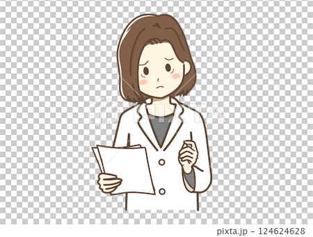 Illustration of a female pharmacist worried about a prescription 124624628