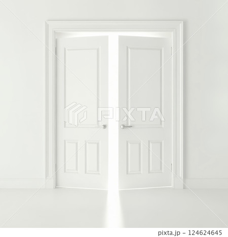 white double doors slightly ajar. Minimalistic light Background 124624645