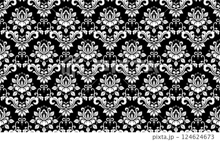 Wallpaper in the style of Baroque. White and black floral ornament. Seamless vector background. Graphic pattern for fabric, wallpaper, packaging. Ornate Damask flower illustration. 124624673