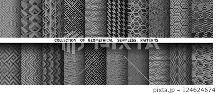 Geometric set of seamless black and gray patterns. Simple vector graphics Geometric set of seamless black and gray patterns. Simple vector graphics 124624674