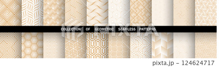 Geometric set of seamless golden and white patterns. Simple vector graphics 124624717