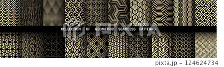 Geometric set of seamless black and golden patterns. Simple vector graphics 124624734