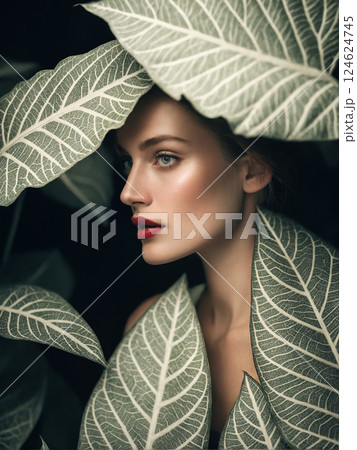 beautiful girl behind big leaves. young sexy woman in shadows of foliage 124624745