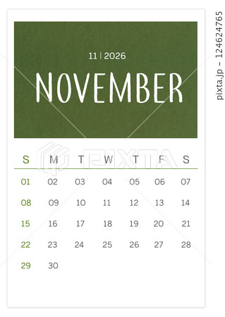 Calendar November 2026 flat style isolated on white background. 124624765