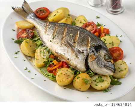 Grilled Fish with Potatoes and Vegetables Grilled Fish with Potatoes and Vegetables 124624814