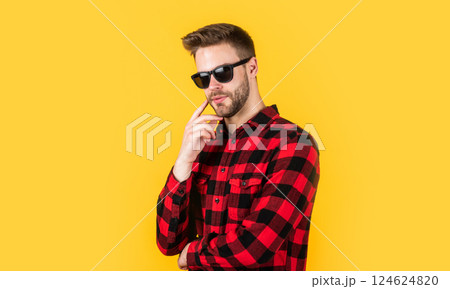 design is perfect. bearded man with sexy bristle in glasses. facial hair and skin care. handsome man wear checkered shirt. unshaven guy in casual style. hairdresser and barbershop. male beauty trend design is perfect. bearded man with sexy bristle in glasses. facial hair and skin care. handsome man wear checkered shirt. unshaven guy in casual style. hairdresser and barbershop. male beauty trend 124624820