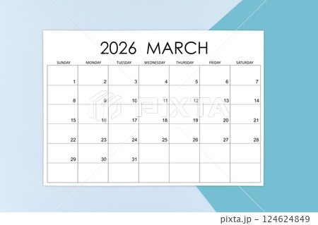 March calendar card for 2026 year on blue background. 124624849