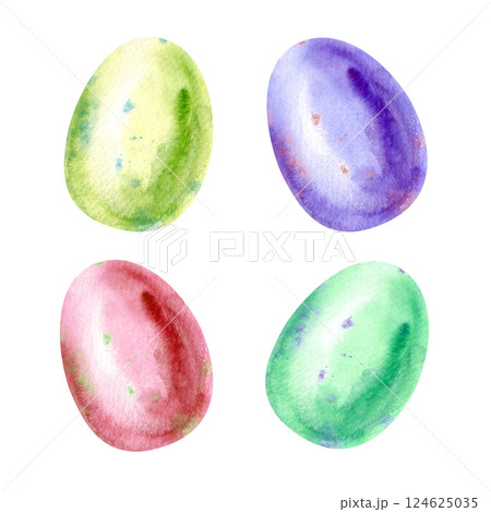 Watercolor Easter eggs isolated on a white background. Colorful colored eggs. The symbol of the Easter holiday is hand-drawn. Watercolor illustration. 124625035