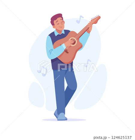 A Joyful Musician Enthusiastically Playing the Guitar in a Beautifully Bright Illustration 124625137