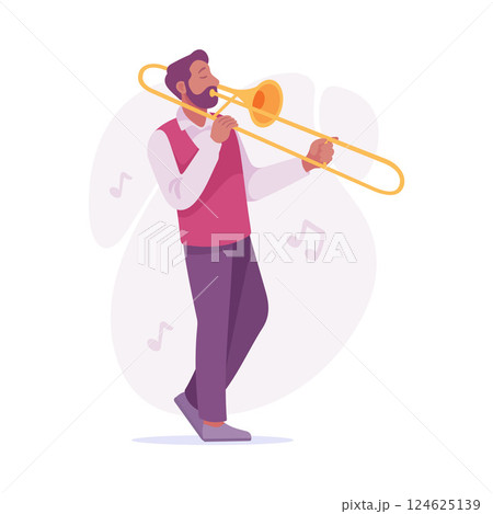 A Man Playing the Trombone with Joyful Vibes and an Energetic Atmosphere Surrounding Him A Man Playing the Trombone with Joyful Vibes and an Energetic Atmosphere Surrounding Him 124625139
