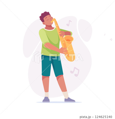 A Young Musician Enthusiastically Playing the Saxophone on Stage with Joyful Energy A Young Musician Enthusiastically Playing the Saxophone on Stage with Joyful Energy 124625140