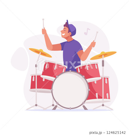 Energetic Drummer Enthusiastically Enjoying a Dynamic and Engaging Live Performance 124625142