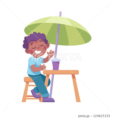 A Joyful and Cheerful Child Happily Enjoying a Refreshing Drink Under a Colorful Green Umbrella A Joyful and Cheerful Child Happily Enjoying a Refreshing Drink Under a Colorful Green Umbrella 124625155