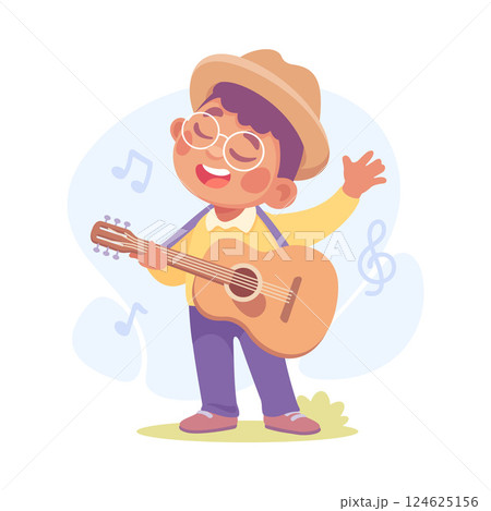 A Cheerful and Joyful Boy Enthusiastically Playing Guitar in a Brightly Colorful Illustration 124625156