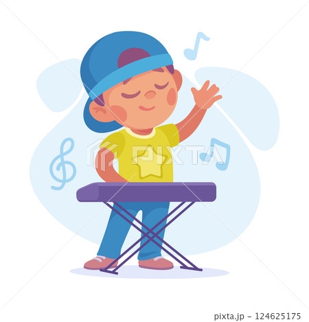 Music lesson landing page design template with happy satisfied teenager boy playing synthesizer 124625175