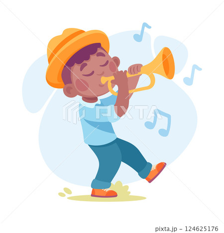 Musician kid playing saxophone music instrument. Artist performer boy child person hold blowing in sax wind musical instrument. Performance, talent concert entertainment show flat vector illustration 124625176