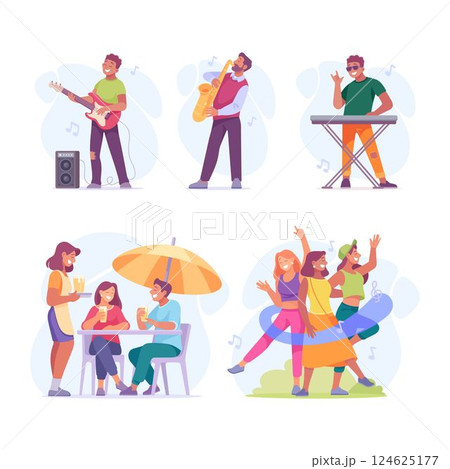 Music festival, food truck, people resting in public park, drinking and communicate. Summer weekend concept. Vector illustration set 124625177