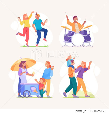 Music festival, food truck, people resting in public park, drinking and communicate. Summer weekend concept. Vector illustration set 124625178