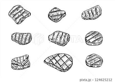 Monochrome grilled meat steaks vector illustration painted by black inks. Pork, beef steak, ribs, and chicken graphic sketch for BBQ menus, steakhouse branding, or meat related culinary project 124625212