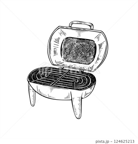 Compact kettle grill with wheels vector illustration painted by black inks. Etching drawing of modern portable BBQ mangal. Family sized travel barbecue for picnics, camping, and small gardens 124625213