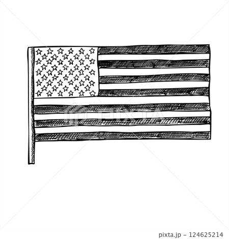 USA flag on flagpole monochrome vector illustration in black and white. National American symbol. for patriotic designs, government projects, 4th of July, Memorial Day, or political presentations USA flag on flagpole monochrome vector illustration in black and white. National American symbol. for patriotic designs, government projects, 4th of July, Memorial Day, or political presentations 124625214
