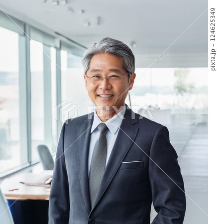 オフィスで撮影された笑顔の50代～60代のビジネスマンのポートレート 124625349