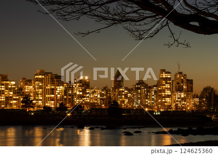 City apartment building skyline at night, beautiful colorful sky horizon in Vancouver, British Columbia, Canada. A tree branches in the foreground. 124625360