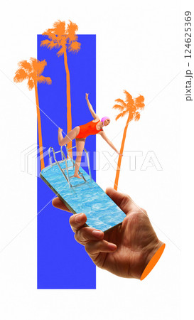 Young woman balancing on pool ladder above phone screen with bold orange palms and deep blue sky. Contemporary art collage. Young woman balancing on pool ladder above phone screen with bold orange palms and deep blue sky. Contemporary art collage. 124625369