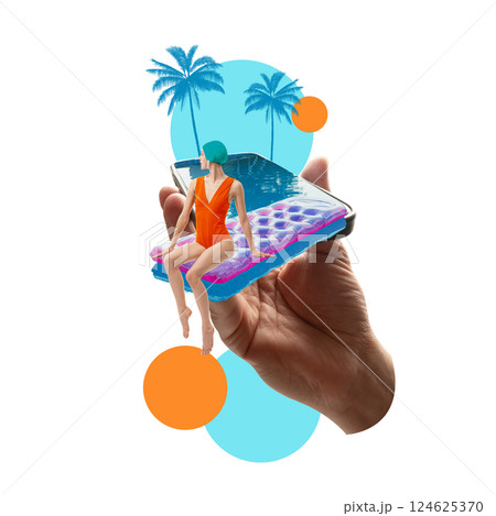 Stylish woman sitting on pink inflatable mattress floating over phone pool with tropical palms. Contemporary art collage. Stylish woman sitting on pink inflatable mattress floating over phone pool with tropical palms. Contemporary art collage. 124625370