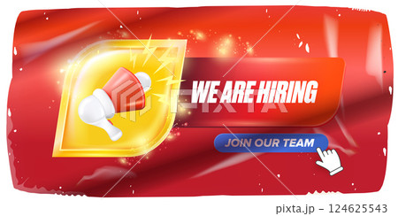 We Are Hiring Vector: Megaphone Announcing Job Opportunity, "Join Our Team" Button and Hand Pointer on Dynamic Background, Modern Recruitment Design for Companies 124625543