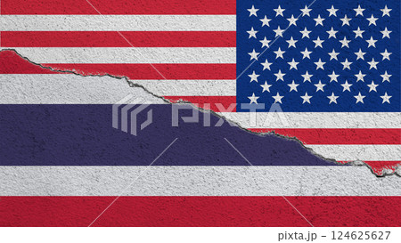 USA and Thailand flags on cracked concrete background, USA and Thailand trade war, USA and Thailand trade relations, Trade war symbols, Tariff barriers between US and Thailand, Tax war. 124625627