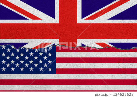 USA and England flags on cracked concrete background, USA and England trade war, USA and England trade relations, Trade war symbols, Tariff barriers between US and England, Tax war. USA and England flags on cracked concrete background, USA and England trade war, USA and England trade relations, Trade war symbols, Tariff barriers between US and England, Tax war. 124625628