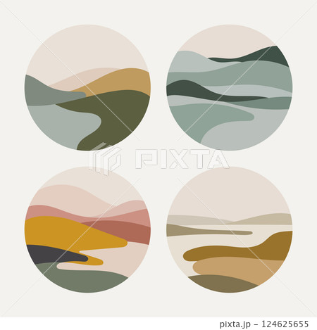 Abstract Circular Landscape Scenes. A set of abstract circular landscape illustrations with soft, pastel colors and modern, minimalist aesthetics. 124625655